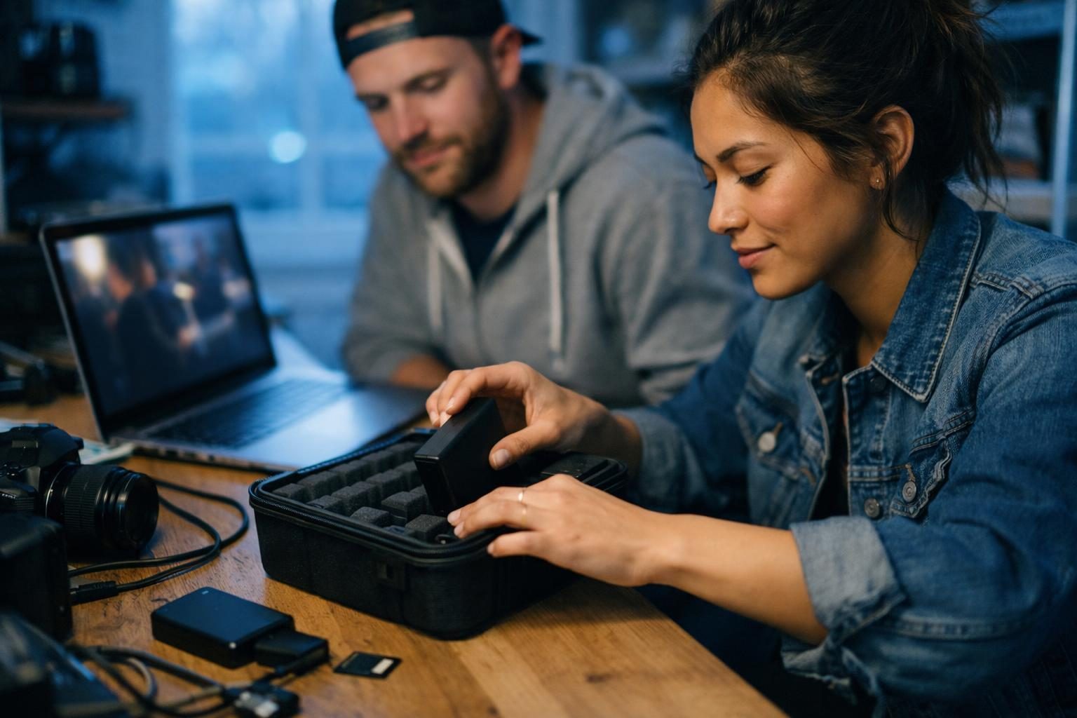 A video editor and colleague in a bright maker’s studio nook pack an external drive after offloading footage in cool blue early morning light.
