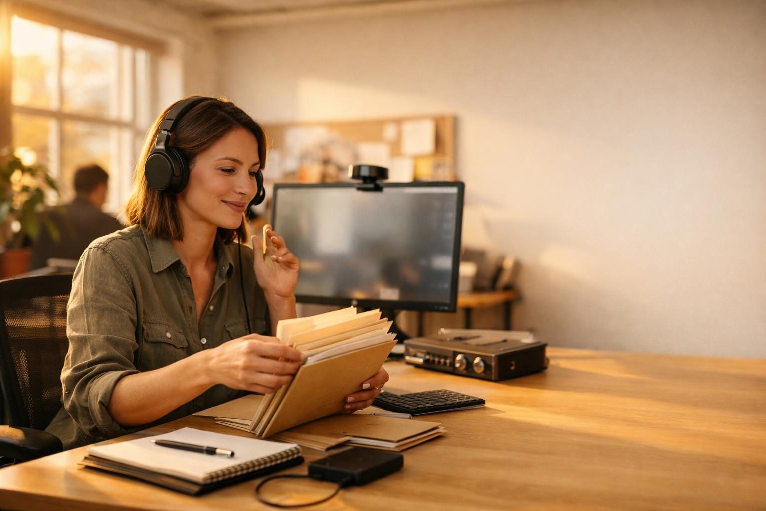 A remote worker on a video call in a small creative agency open-plan room, organising project folders before sending a large-file handoff in warm late-afternoon light.