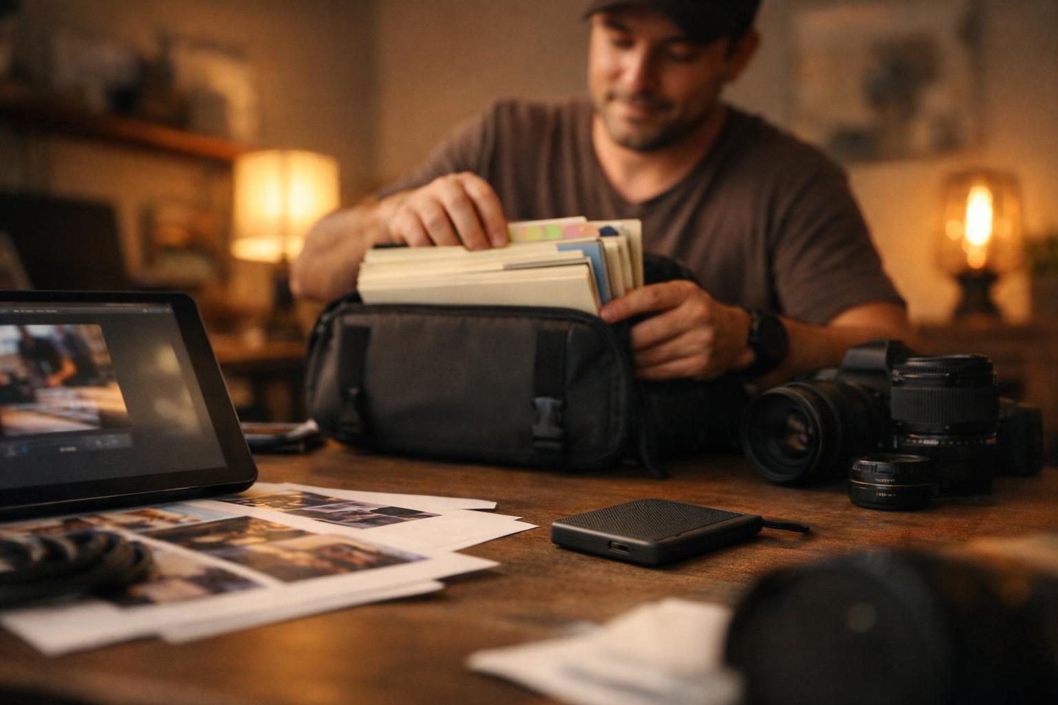 A designer’s desk with a tablet and printed proofs as a content creator packs camera gear and organises project folders for a file handoff in warm evening light.