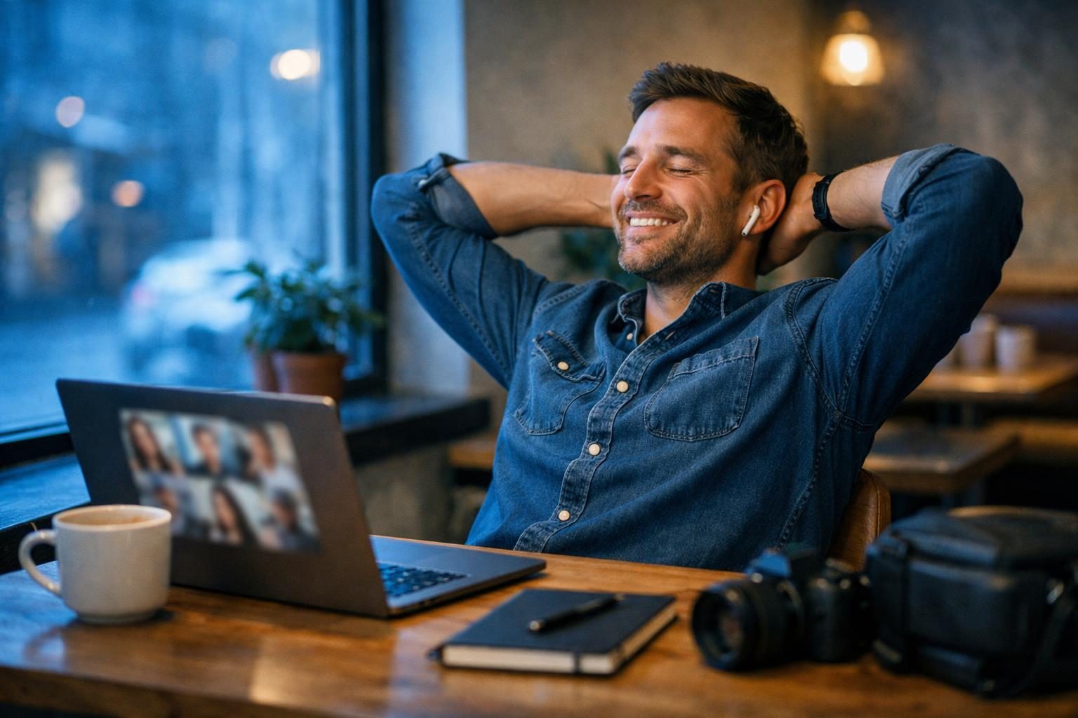 A remote worker in a quiet cafe corner, mid video-call in cool blue early morning light, looking relieved after sending a large file delivery.