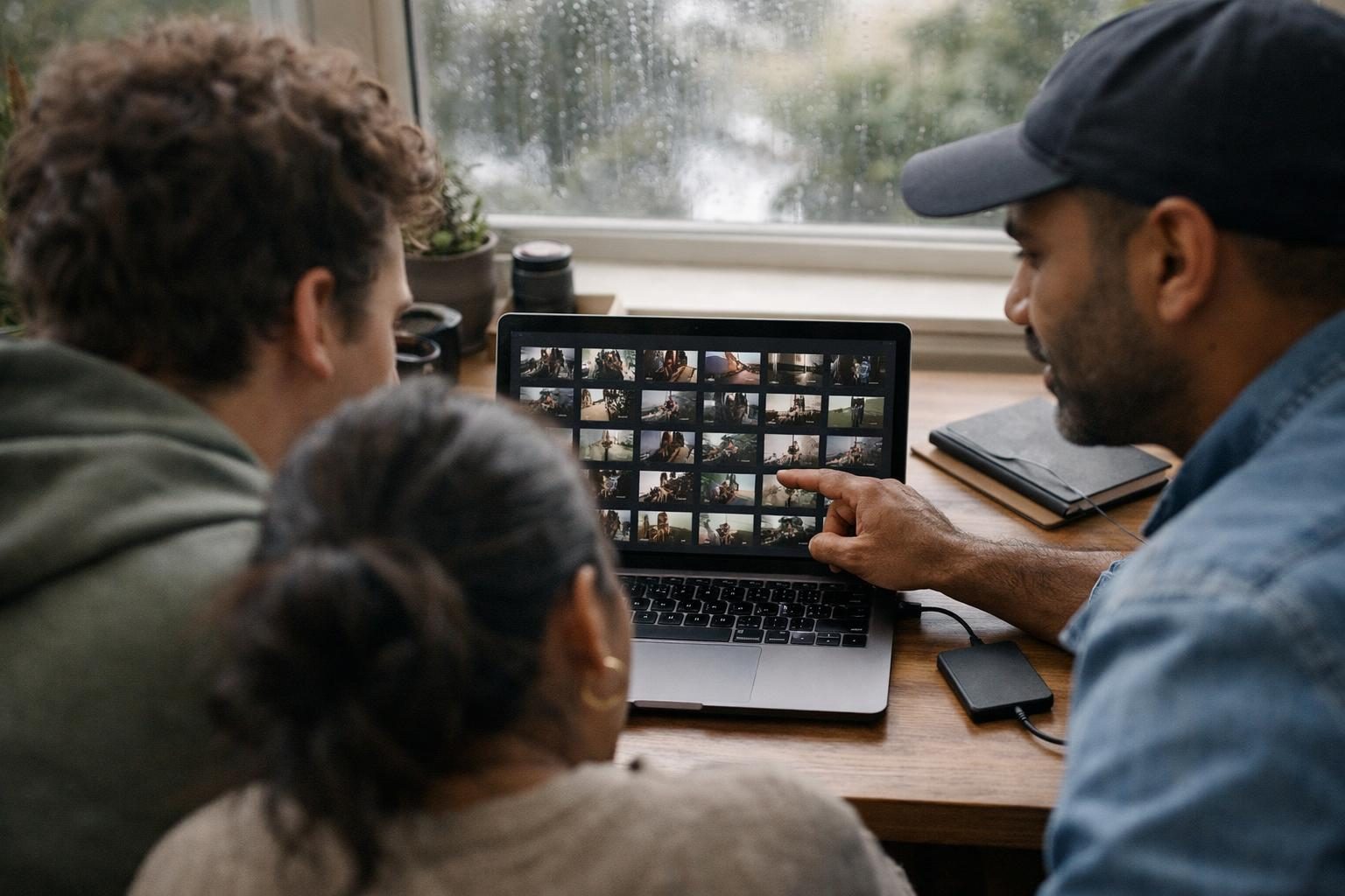 A small creative team in a sunlit home studio reviews thumbnails on a laptop before sending a client delivery link.
