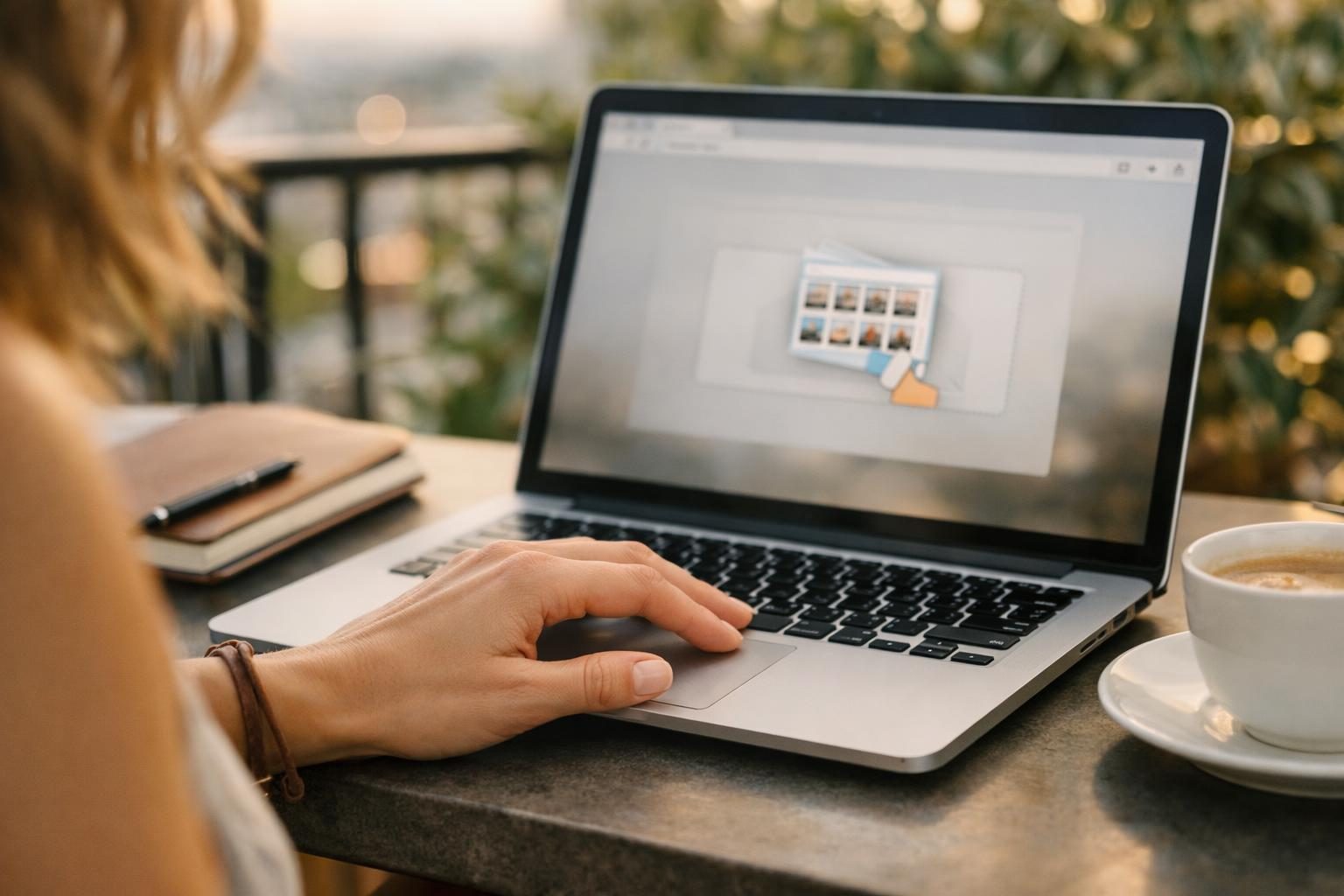 Close detail of a freelance designer in her thirties at a balcony workspace, hands on a trackpad dragging files into a browser to send, relaxed end-of-day mood in bright overcast daylight.