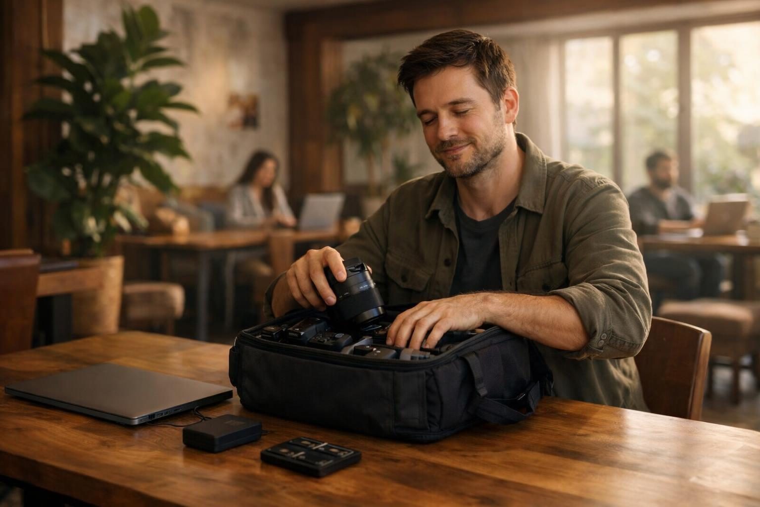 A content creator packing camera gear in a warm co-working space with plants, looking relieved after completing a client delivery in soft morning window light.