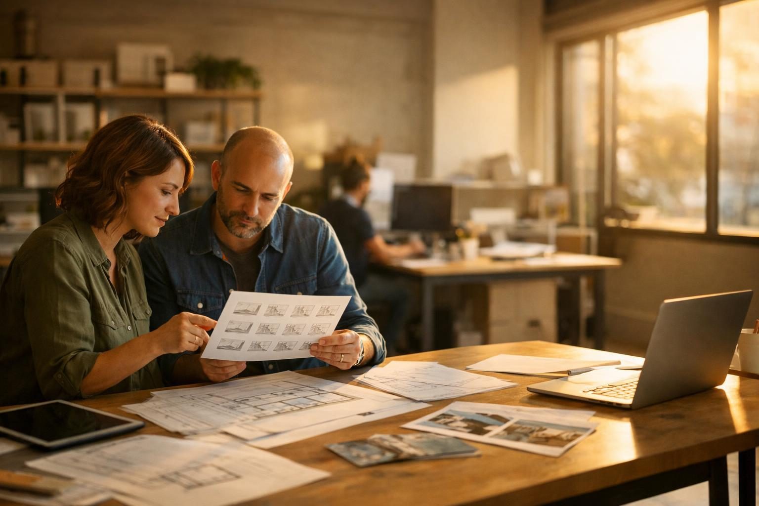 Two architects in a small open-plan creative agency review thumbnail previews beside printed drawings before sending a gallery, in warm late-afternoon golden light.
