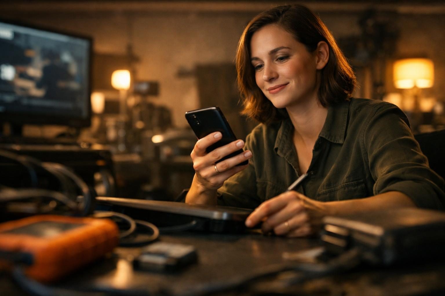A solo illustrator at a drawing tablet checks a phone for a download confirmation beside a film-set DIT cart in warm evening light.