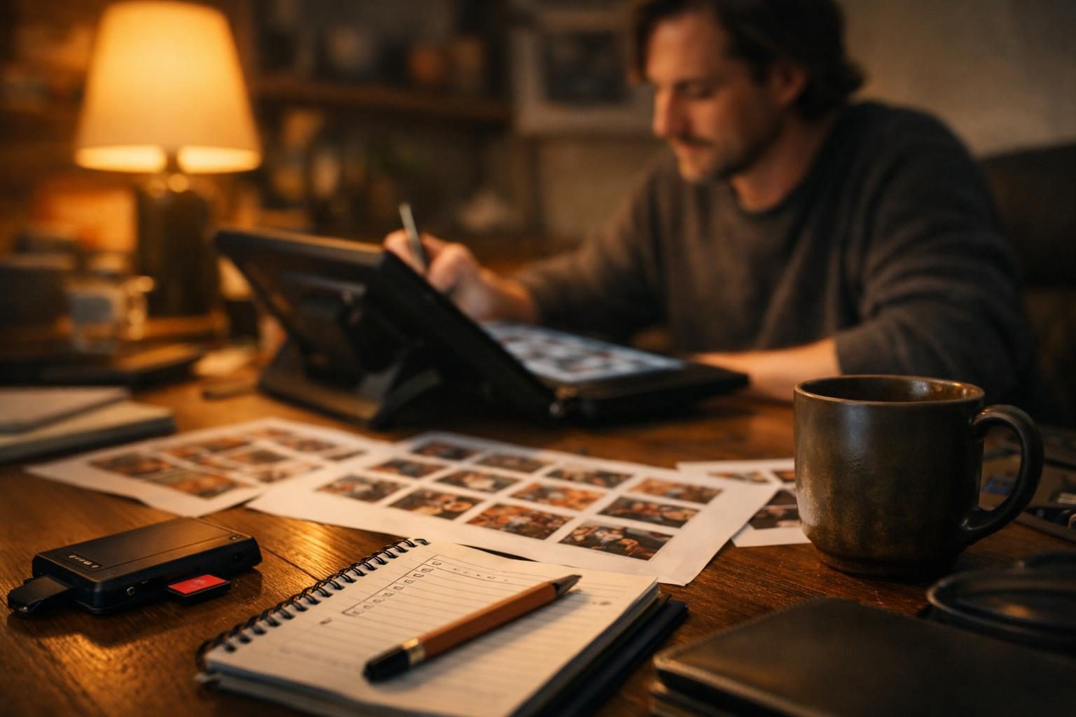A solo illustrator at a drawing tablet on a designer’s desk with printed proofs, reviewing thumbnails before sending a gallery in a cosy evening light.