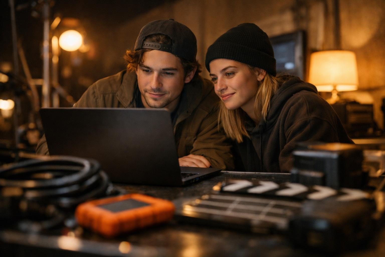 A young photographer and an assistant at a film-set DIT cart watch a large file transfer finish on a laptop in warm evening light.