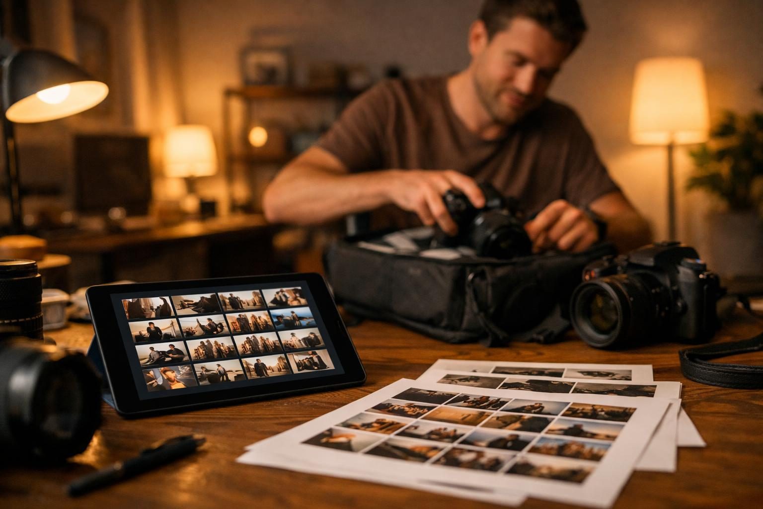 A designer’s desk with a tablet and printed proofs while a content creator packs camera gear and reviews thumbnails before sending a gallery, lit by warm evening lamps.