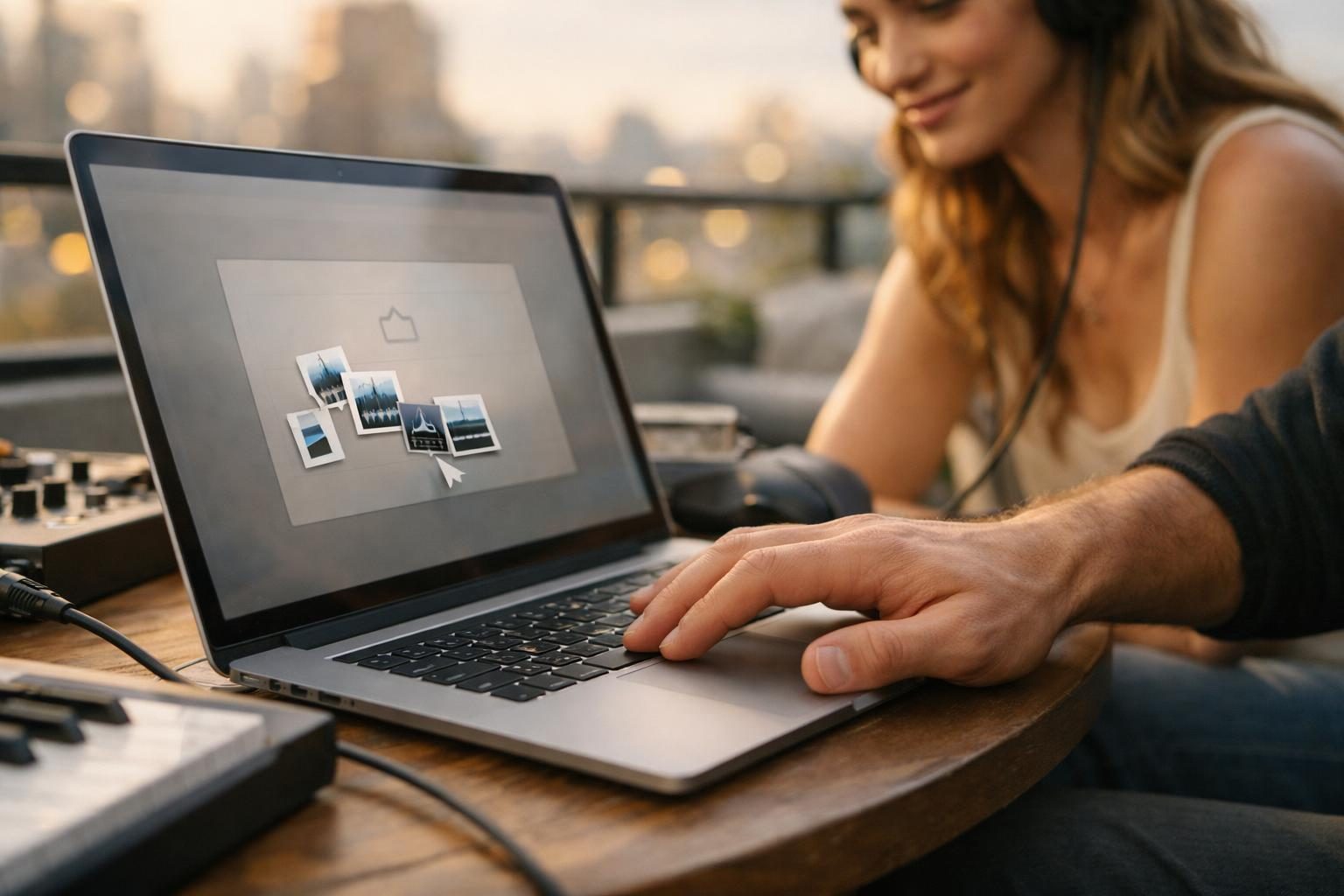 Close-up of a music producer’s hands using a trackpad on a balcony workspace while a vocalist watches, as they drag files into a browser to send.