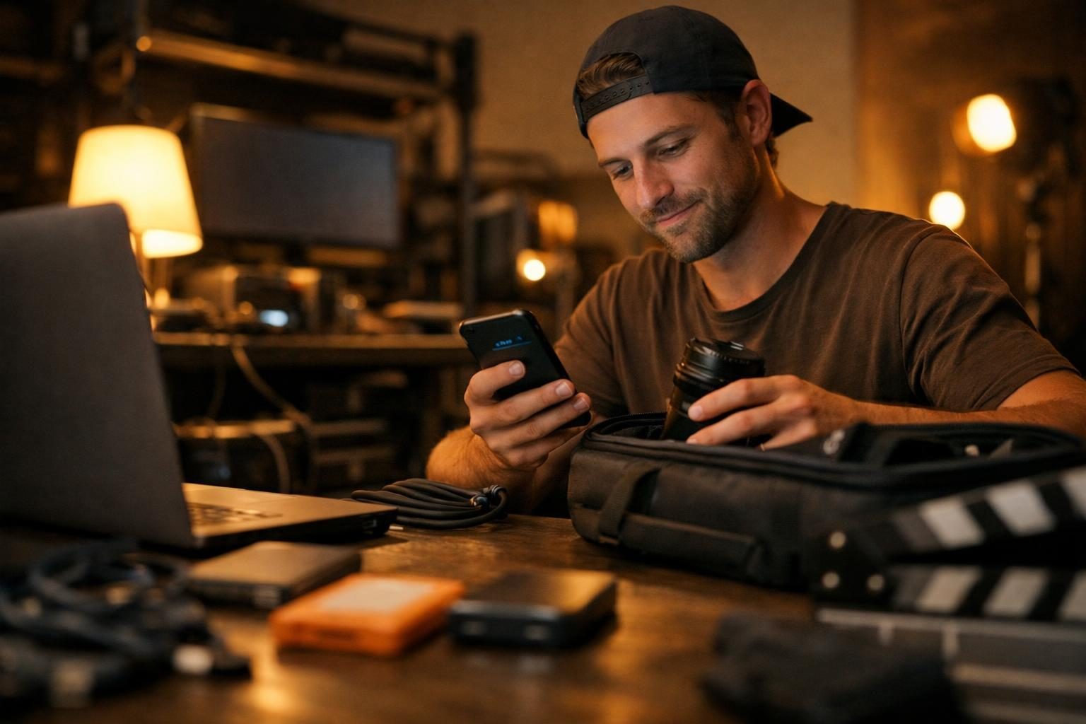 A content creator at a film-set DIT cart offloading footage, packing camera gear and checking a phone for a download confirmation in warm evening light.