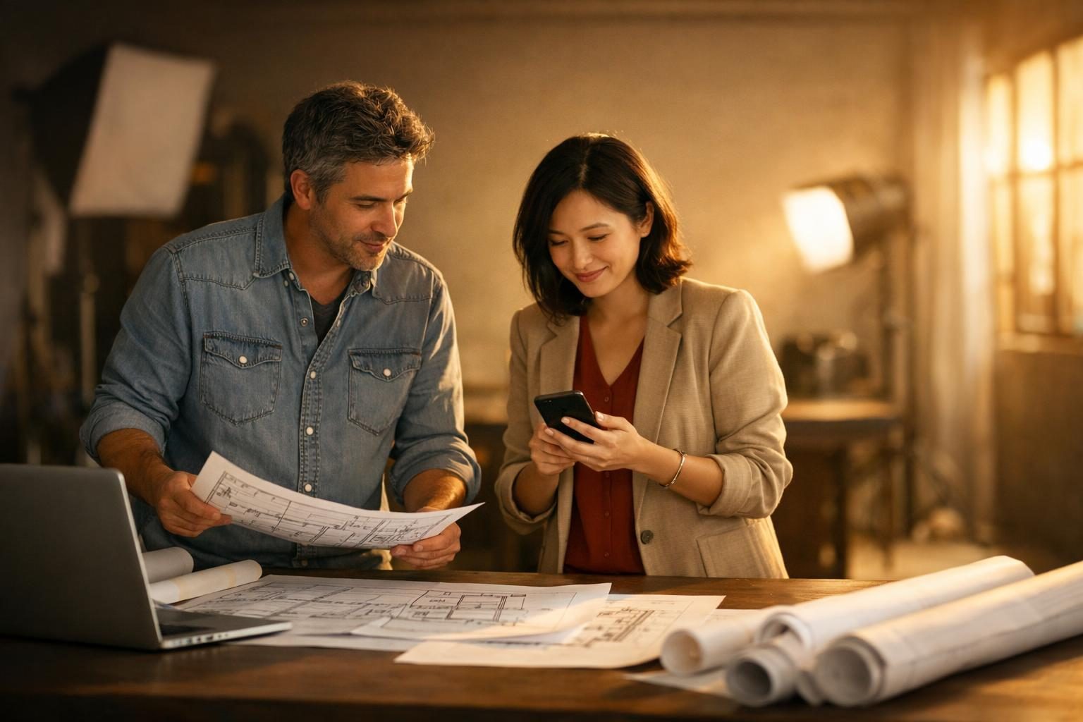 Two architects in a photographer’s studio check a phone for a download confirmation while comparing drawings in warm late-afternoon light.