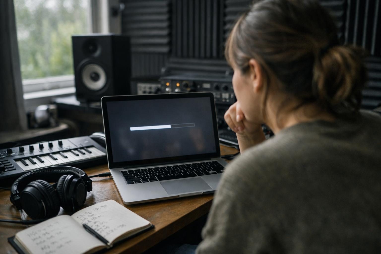 A freelance designer watches a large file transfer finish on a laptop in a music producer’s home studio with foam panels, in soft light after rain.