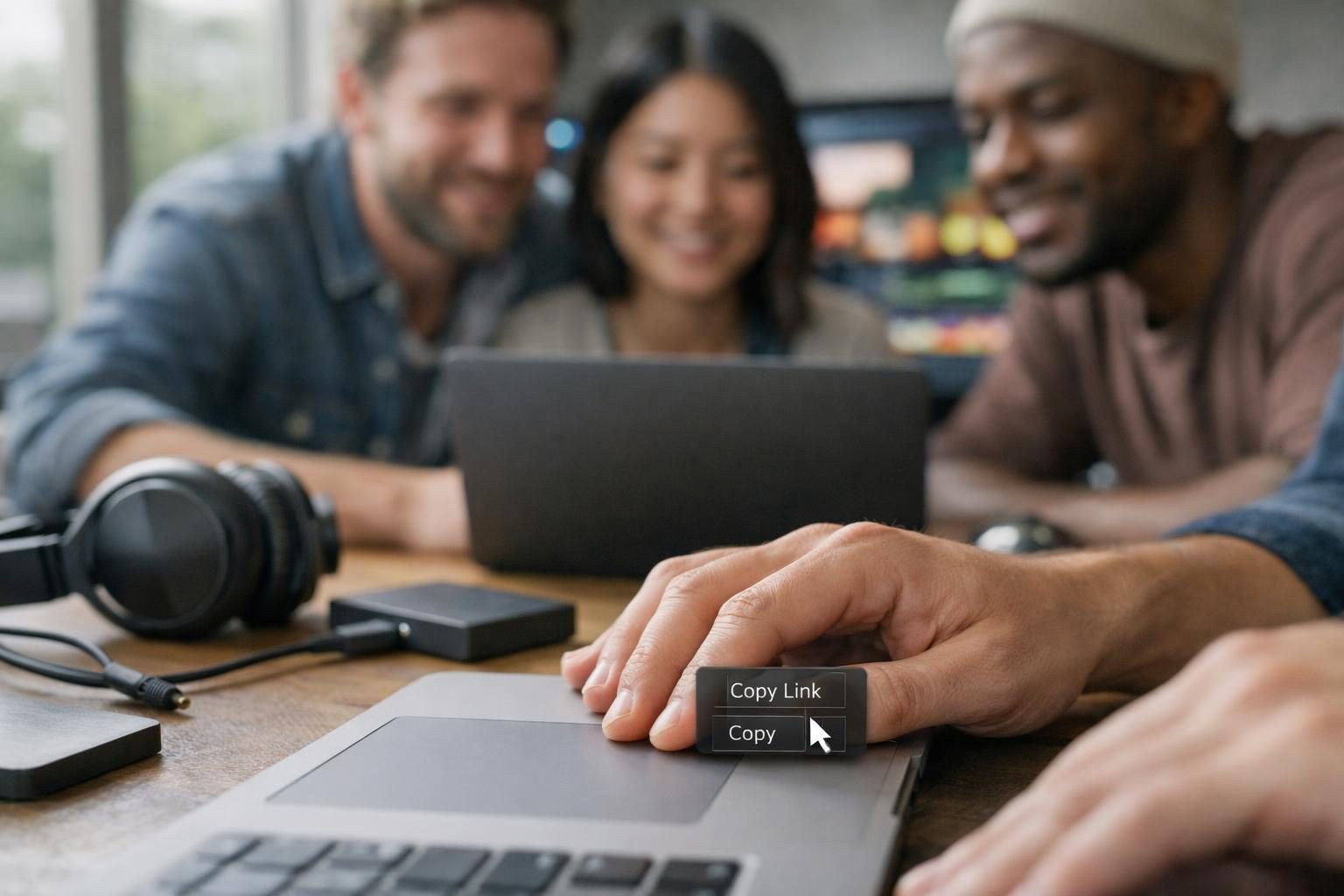 Close-up of hands on a trackpad as a small creative team in a video editor’s suite copies a share link to send to a client, with a colour-graded monitor blurred in the background in bright overcast daylight.