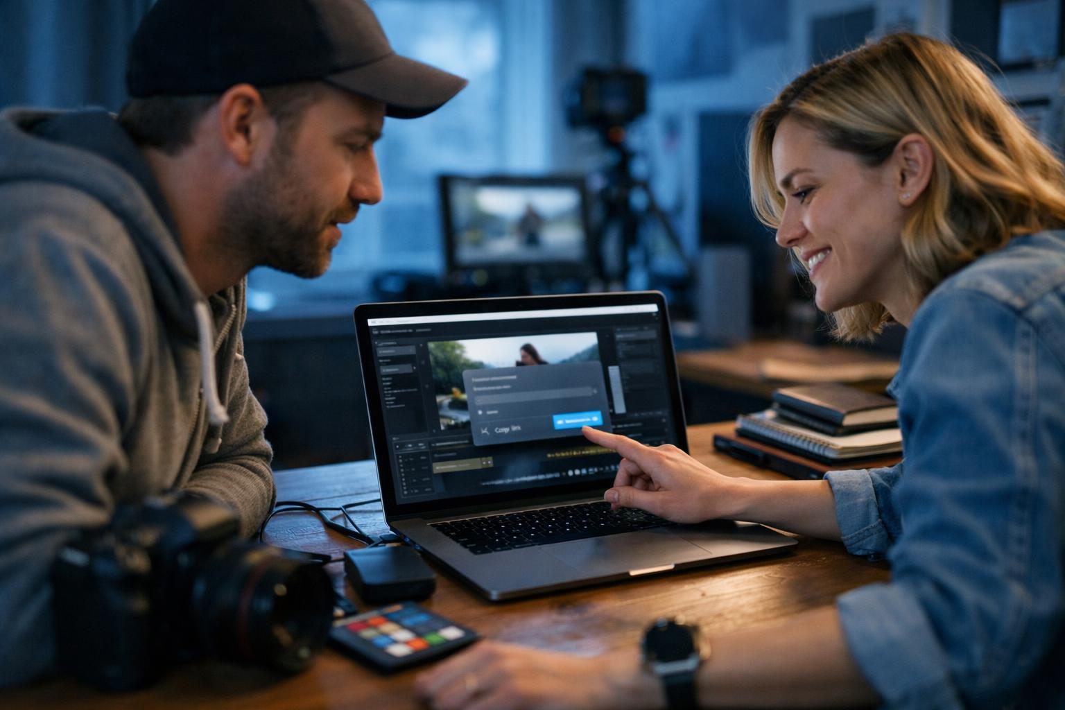 A video editor and colleague in a bright maker’s studio nook copy a share link on a laptop to send footage to a client in the early morning.