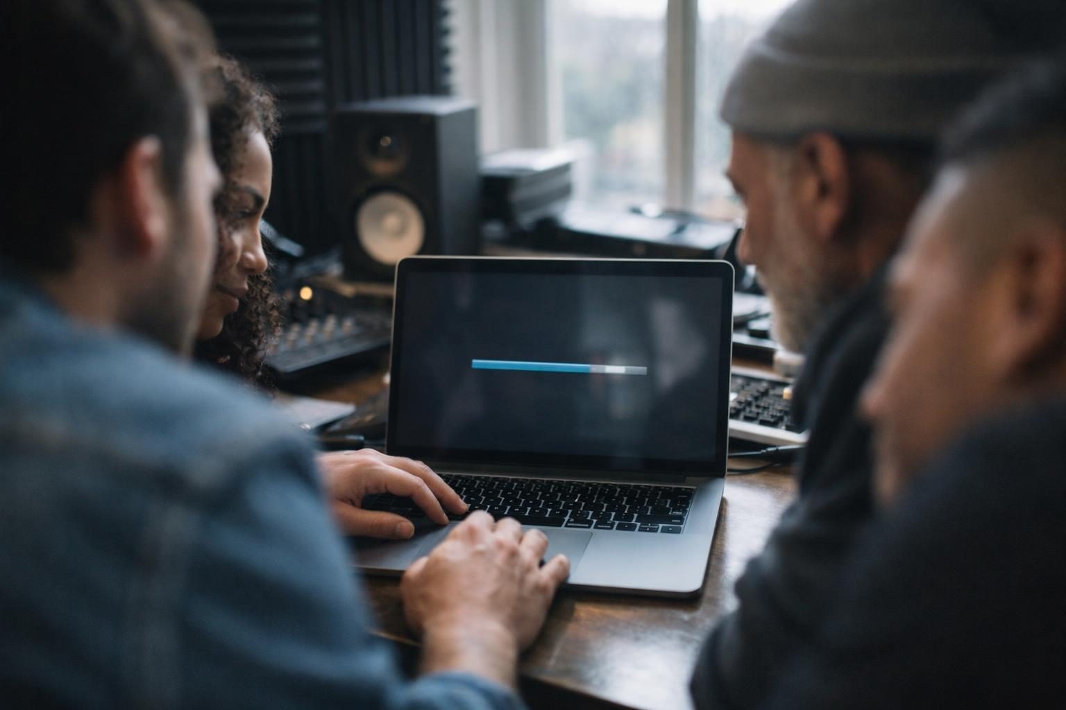 A small creative team in a music producer’s home studio with foam panels watches a file transfer finish on a laptop in soft post-rain light.