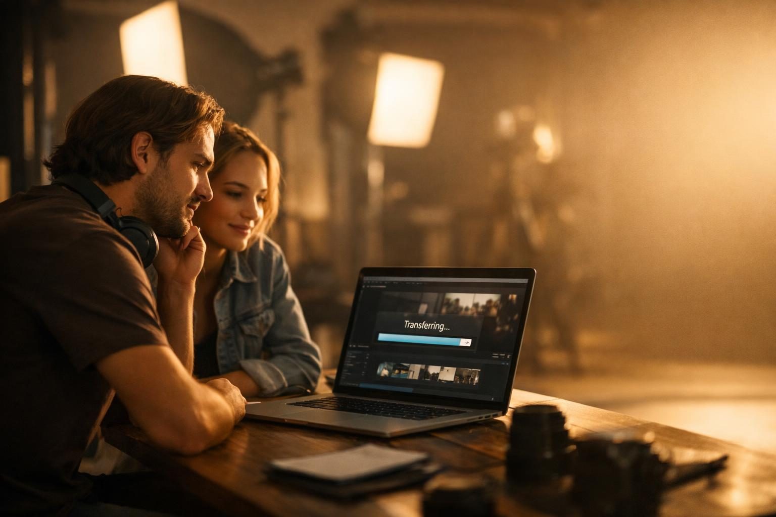 A video editor and colleague in a photographer’s studio watch a large-file transfer finish on a laptop in warm late-afternoon light.