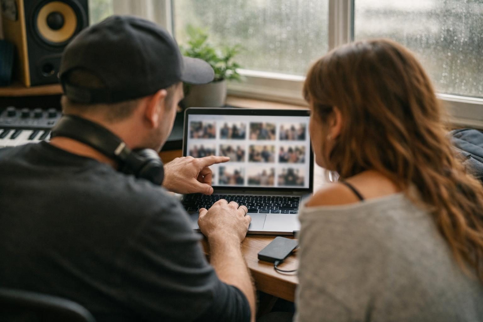 Over-the-shoulder view of a music producer and vocalist at a sunlit home studio desk reviewing thumbnails on a laptop before sending a gallery, in soft light after rain.