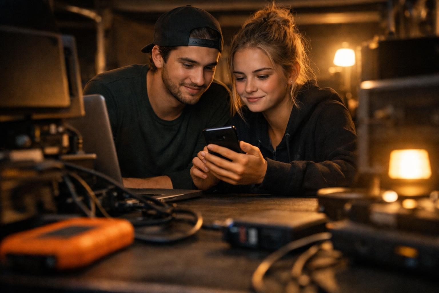 A young photographer and an assistant at a film-set DIT cart check a phone for a download confirmation under warm evening lamps.