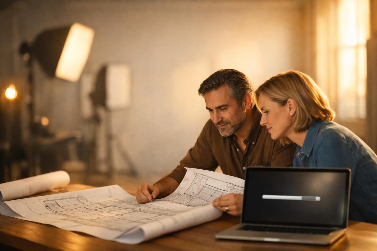 Two architects in a photographer’s studio watch a large-file transfer finish on a laptop while comparing printed drawings in warm late-afternoon light.