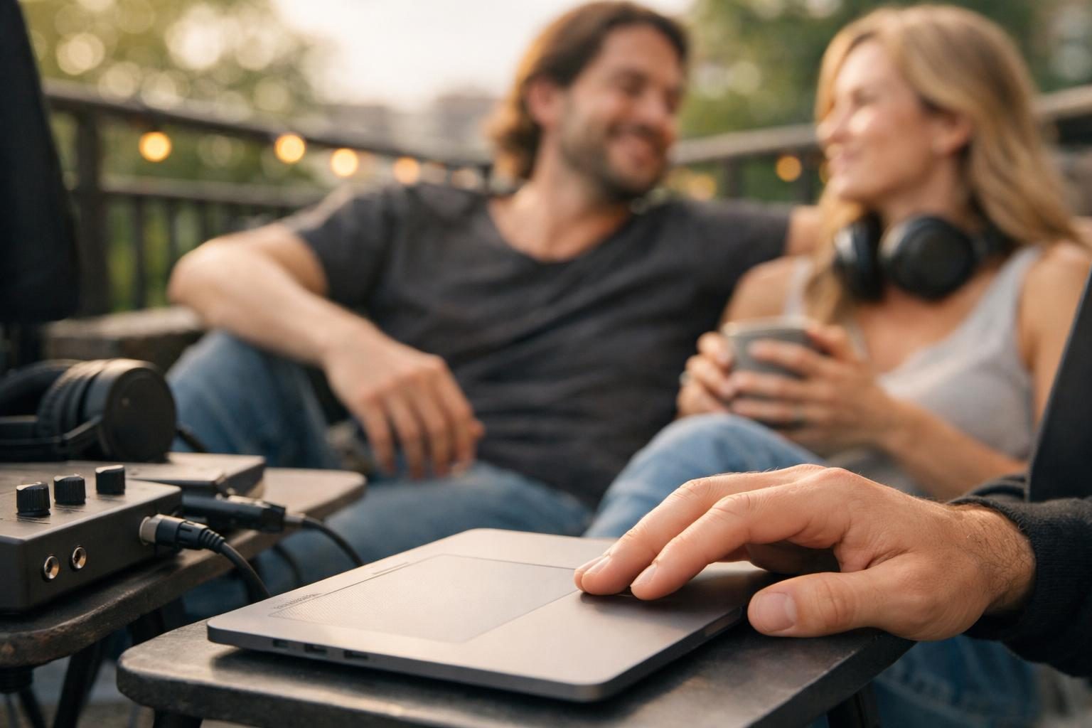 Close-up of hands on a trackpad at a freelancer’s balcony workspace, with a music producer and vocalist in soft bokeh behind, relaxing after sending a large file, bright overcast daylight.