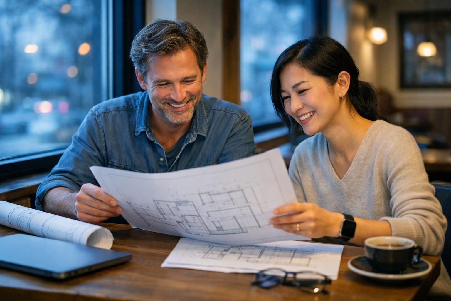 Two architects in a quiet cafe corner remote office compare printed drawings in cool blue early morning light, looking relieved after sending a delivery.