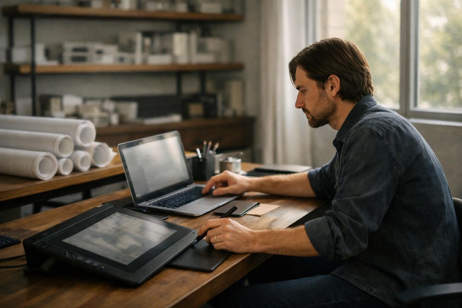 A solo illustrator in an architect’s studio with rolled drawings, copying a share link at a laptop beside a drawing tablet in soft morning window light.
