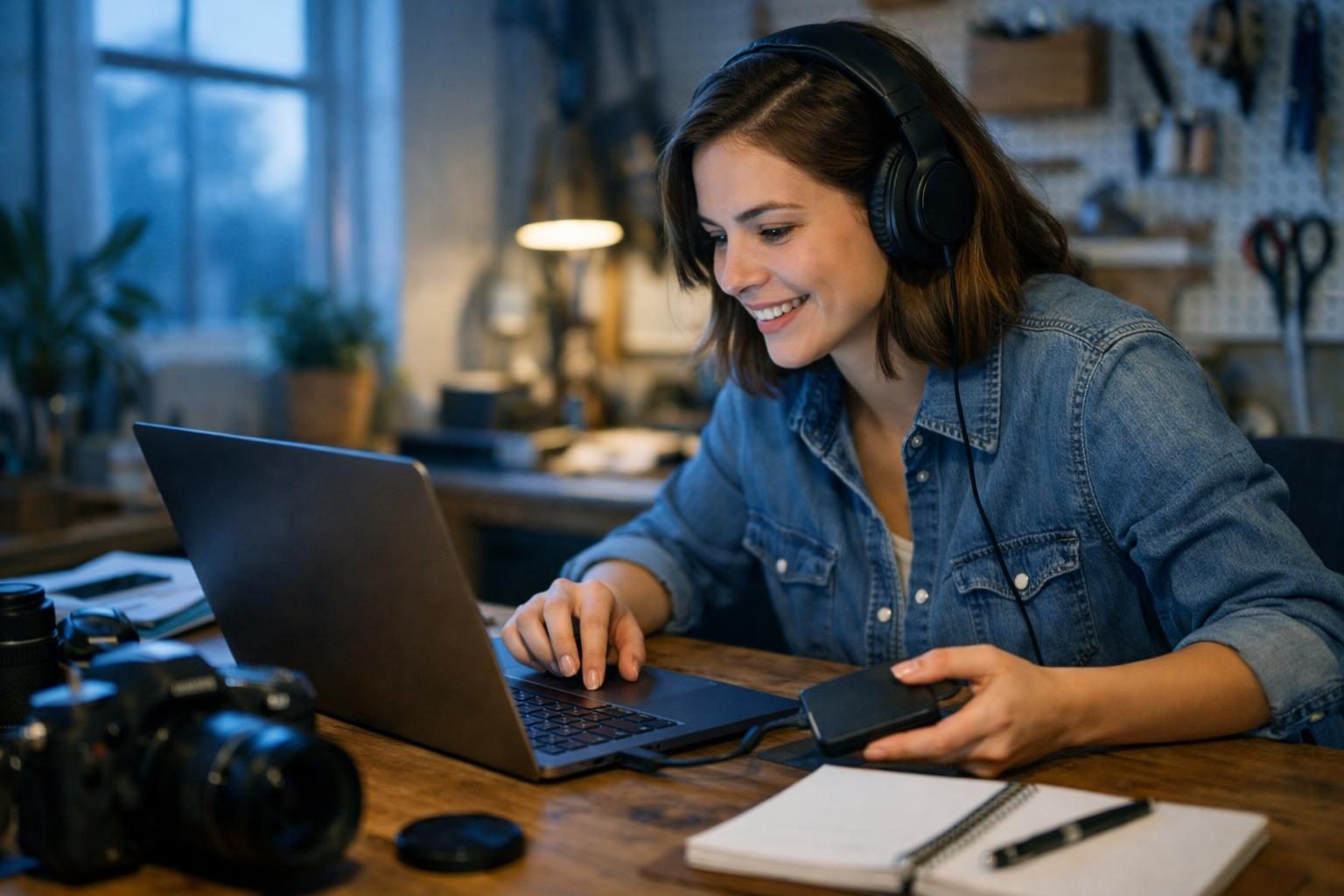 Remote worker in a bright maker’s studio nook, mid video-call, copying a share link to send large files to a client in cool early morning light.