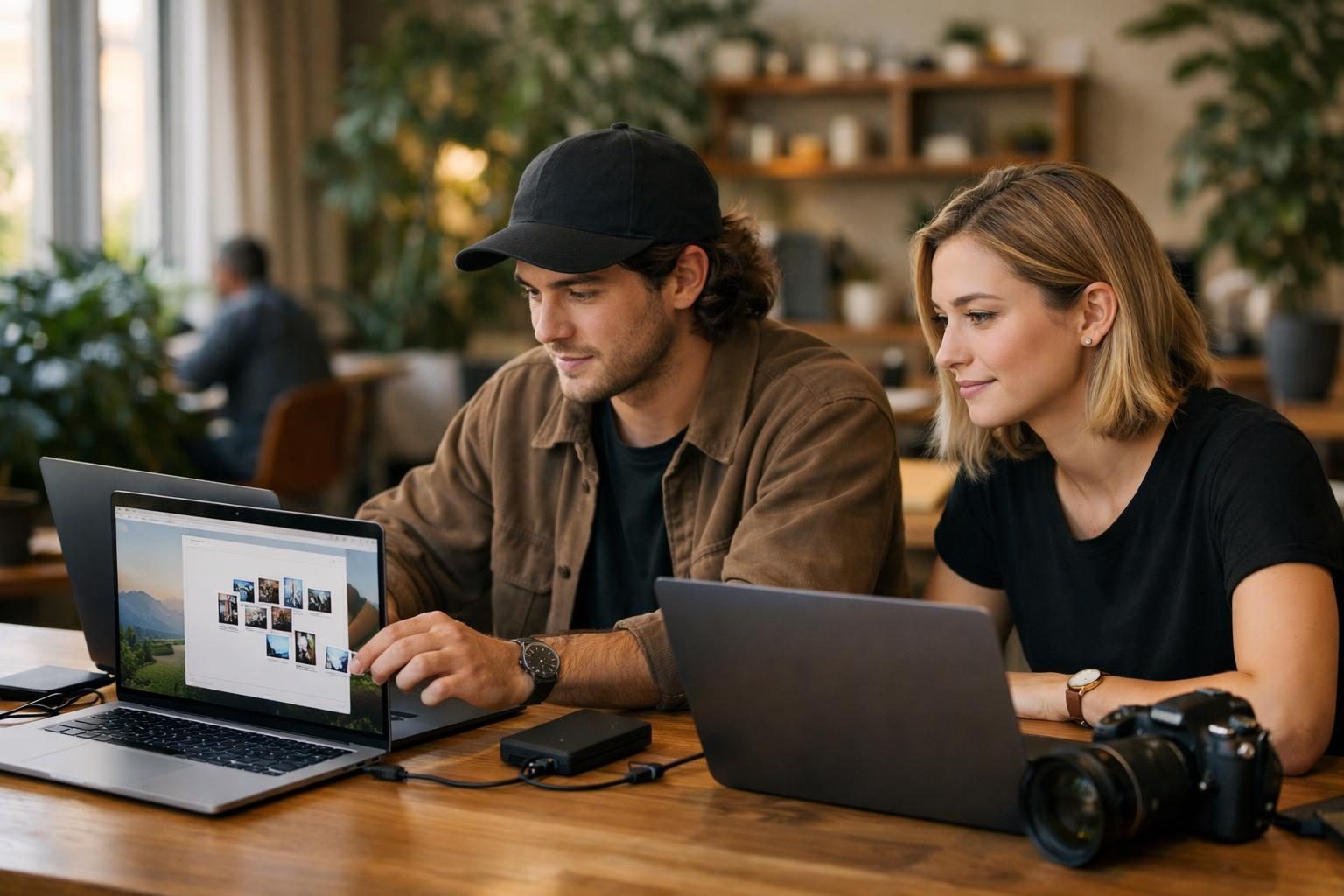A young photographer and an assistant in a warm, plant-filled co-working space dragging large files into a browser to send via a share link in soft morning light.