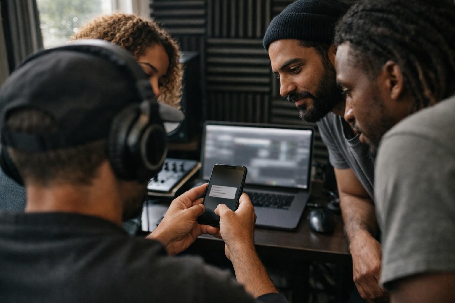 A small creative team in a music producer’s home studio checks a phone for a download confirmation beside a laptop, in soft after-rain light.
