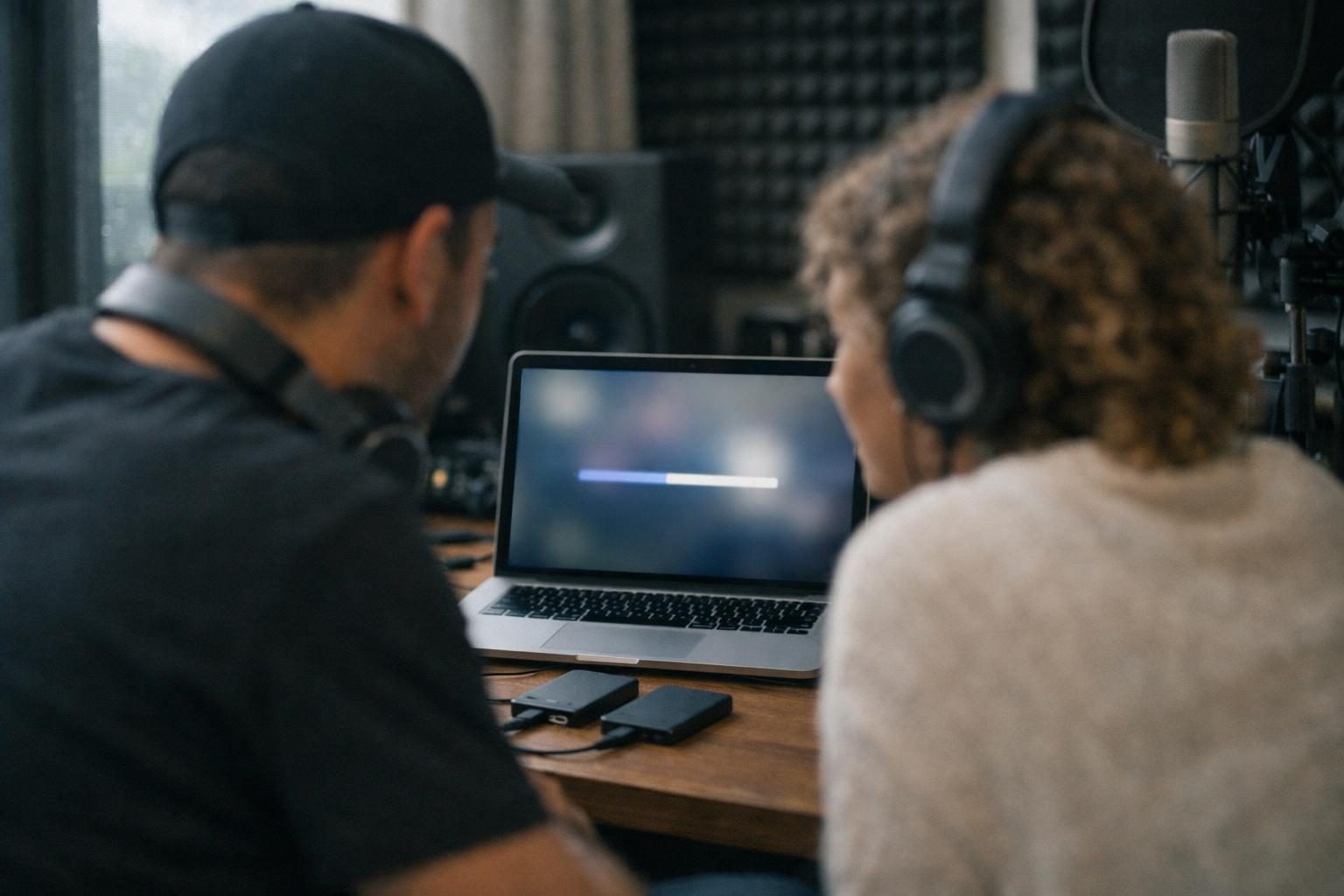 A music producer and vocalist in a foam-panelled home studio watch a file transfer finish on a laptop in soft post-rain light.