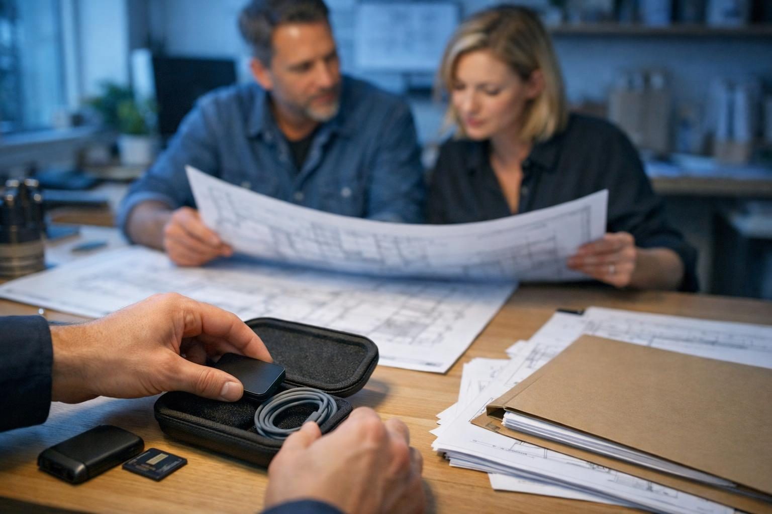 Two architects comparing printed drawings in a bright maker’s studio nook while an external SSD is packed after offloading a shoot, in cool blue early morning light.