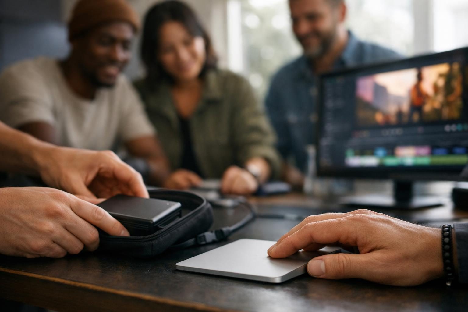 Close-up of hands on a trackpad in a video editor’s suite while a small creative team packs an external drive after offloading a shoot, bright overcast daylight.
