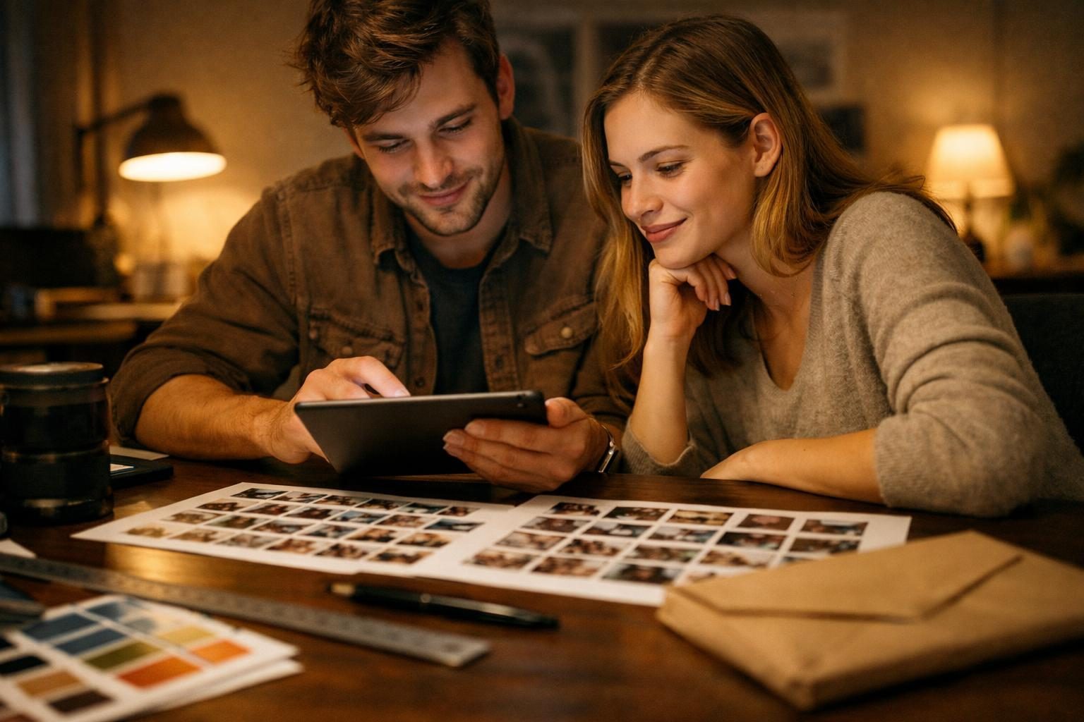 A designer’s desk with a tablet and printed proofs as a young photographer and an assistant review thumbnails under warm evening ламps, preparing to send a gallery.
