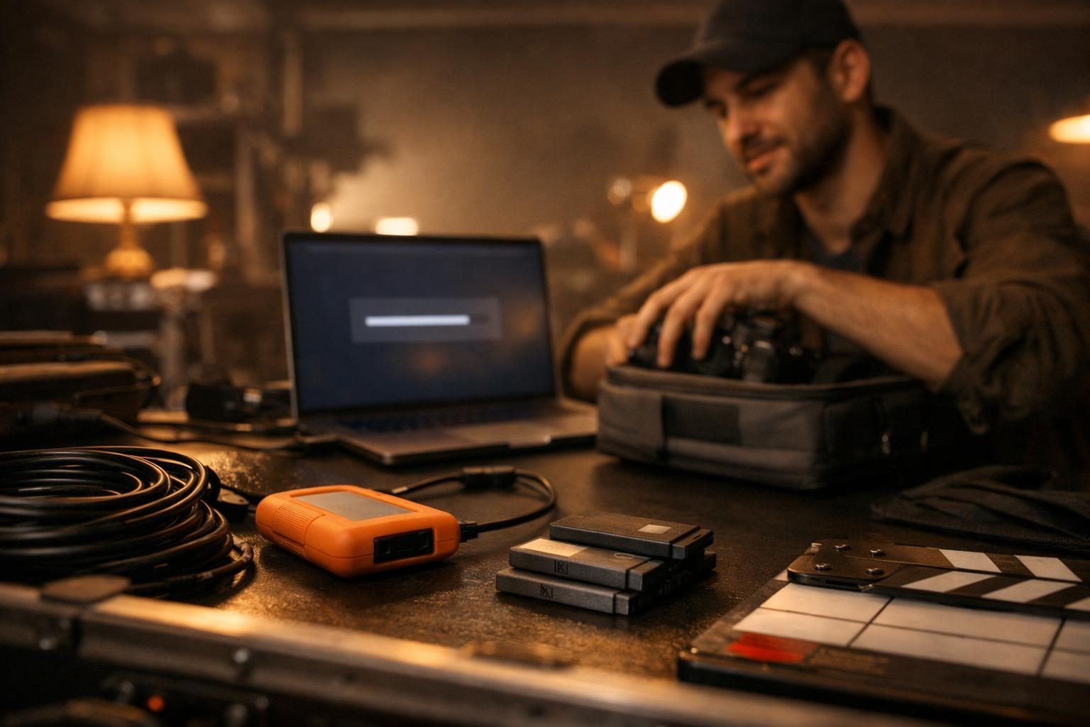 A content creator at a film-set DIT cart packs camera gear while a large file transfer finishes on a laptop in warm evening light.