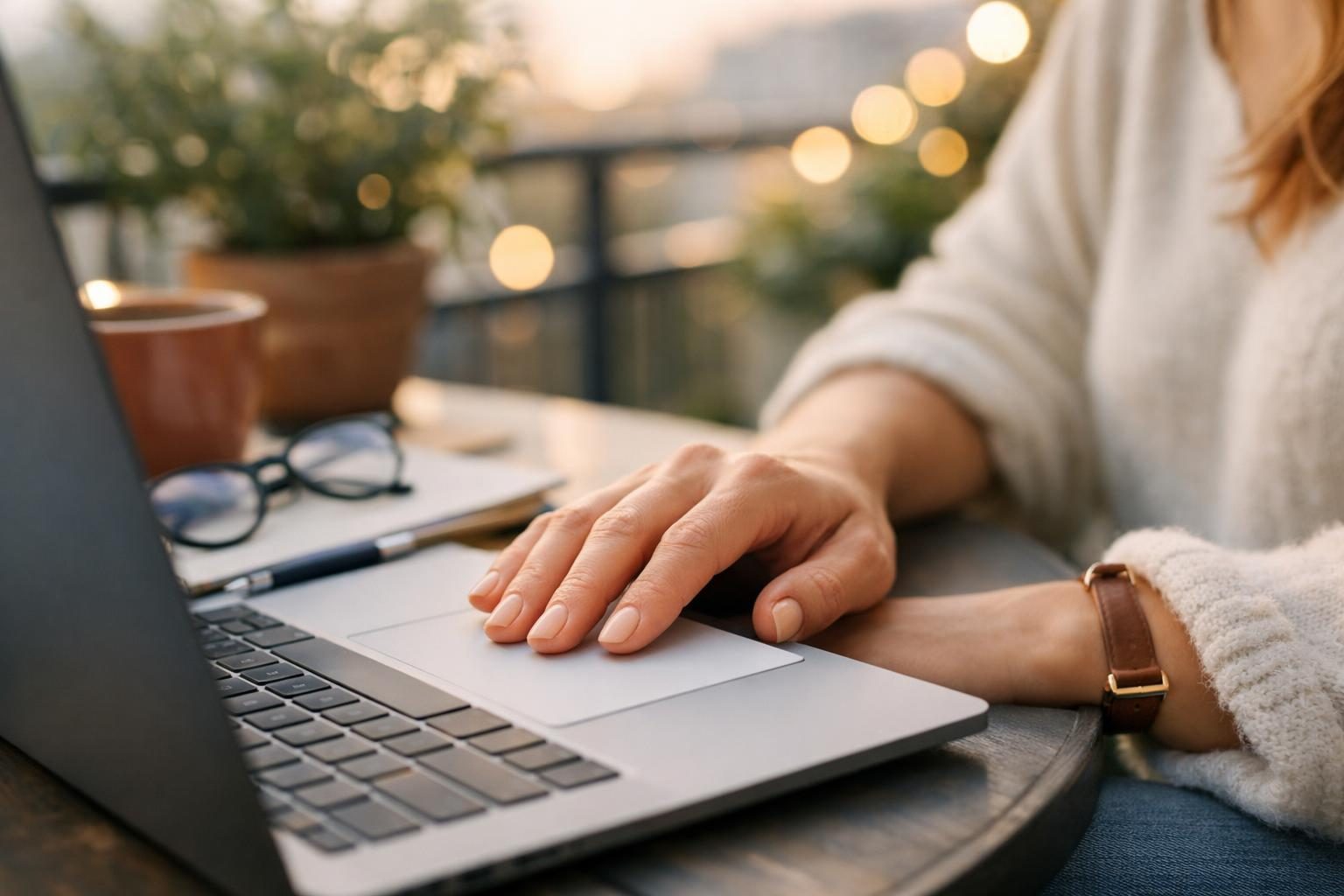 Close detail of a freelance designer’s hands on a trackpad at a balcony workspace, pausing with relaxed relief after sending a large client delivery in bright overcast daylight.
