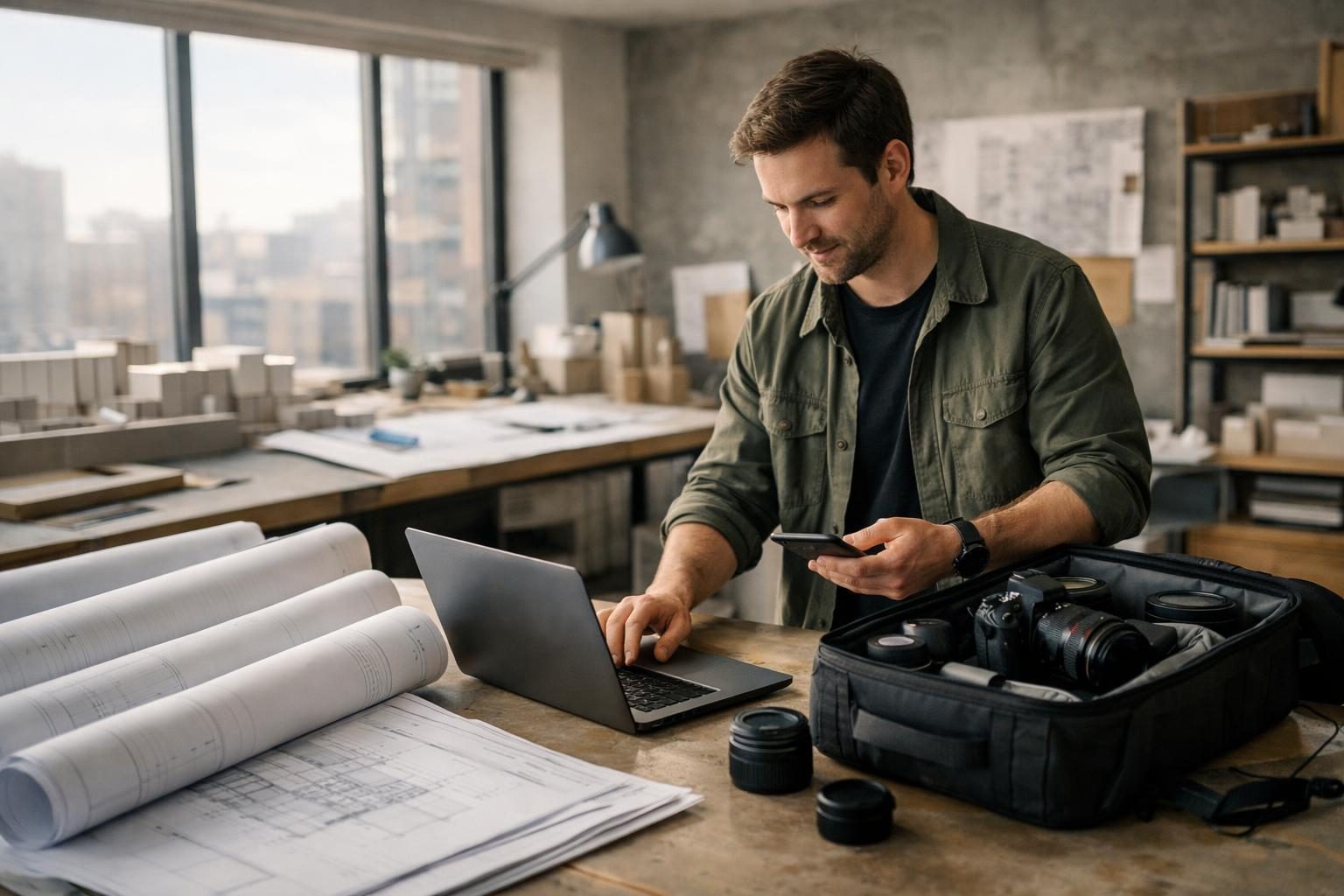 A content creator in an architect’s studio with rolled drawings, packing camera gear while copying a share link on a laptop in soft morning window light.