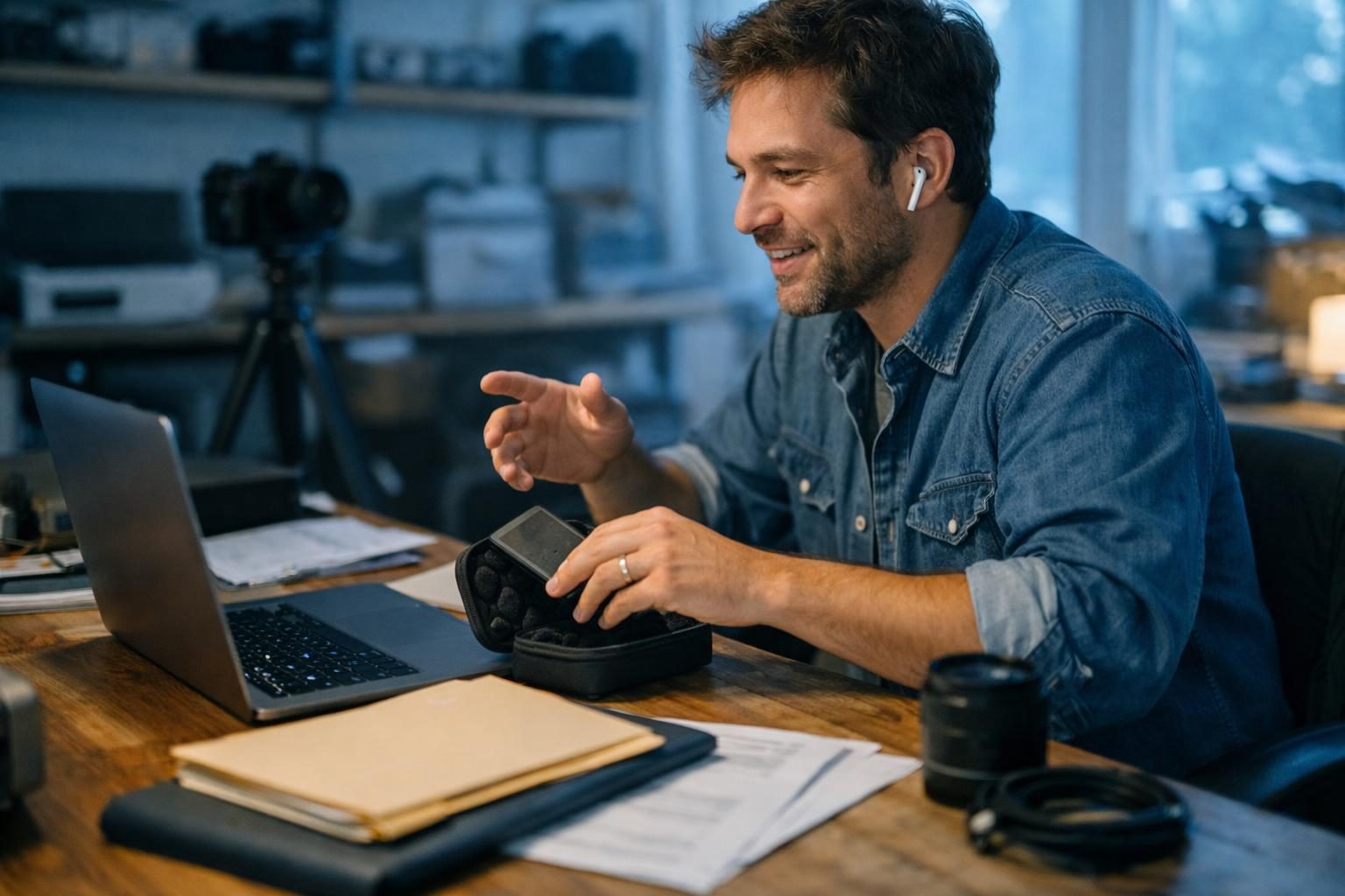 A remote worker on a video-call in a bright maker’s studio nook, packing an external drive after offloading a shoot in cool blue early morning light.