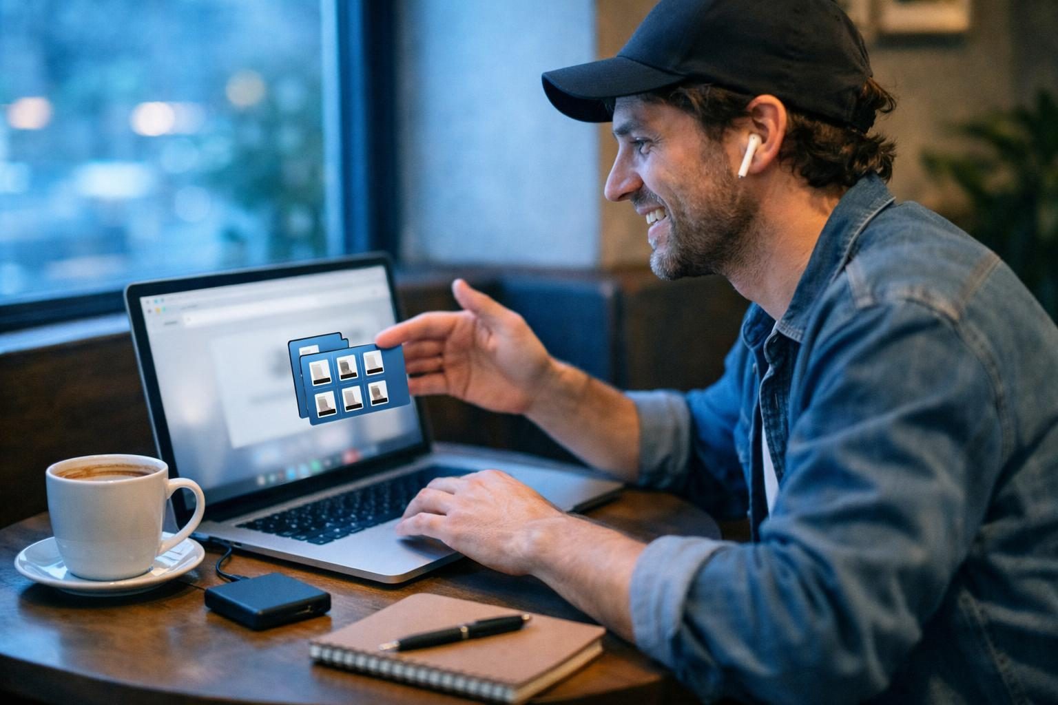 Remote worker in a quiet cafe corner mid video-call, dragging large files into a browser to send in the cool blue early morning light.