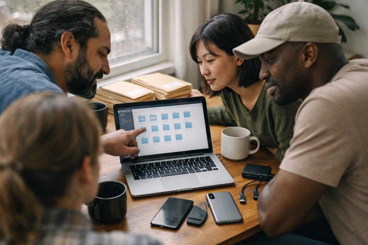 A small creative team in a sunlit home studio organises project folders for a handoff beside an Android phone and an iPhone on a desk.