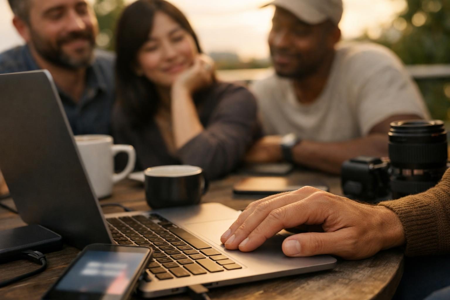 Close-up of hands on a trackpad at a freelancer’s balcony workspace as a mixed creative team relaxes after sending a large file, bright overcast daylight.
