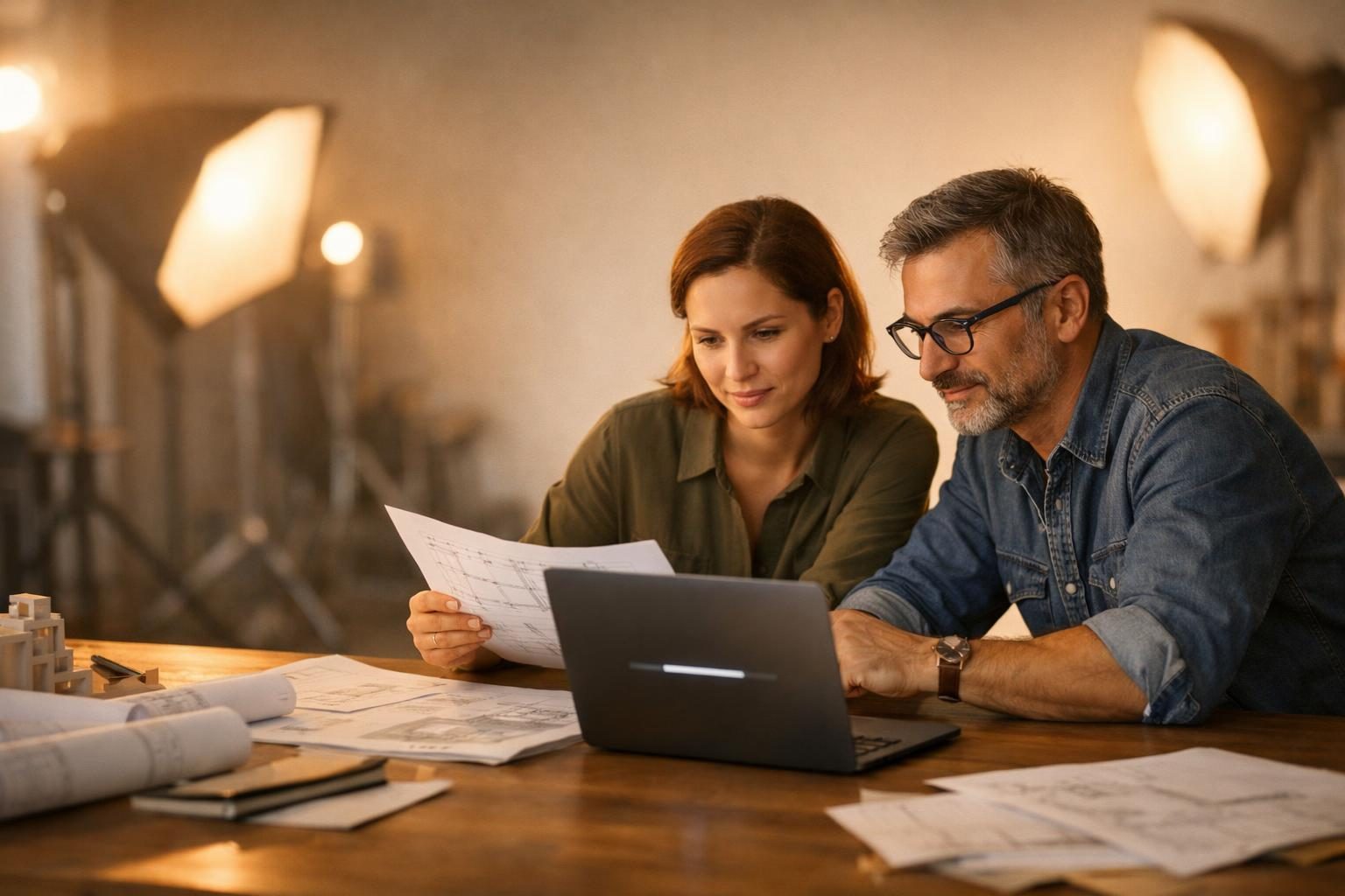 Two architects compare drawings in a photographer’s studio as a large file transfer finishes on a laptop in warm late-afternoon light.