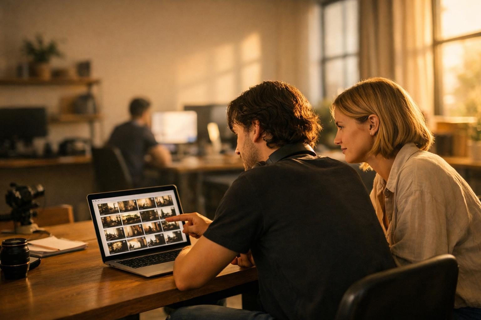 A video editor reviews video thumbnails with a colleague in a warm, open-plan creative agency before sending a client delivery link.