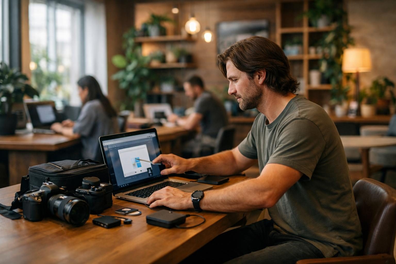 A content creator in a warm, plant-filled co-working space packs camera gear while dragging a video export into a browser to send.