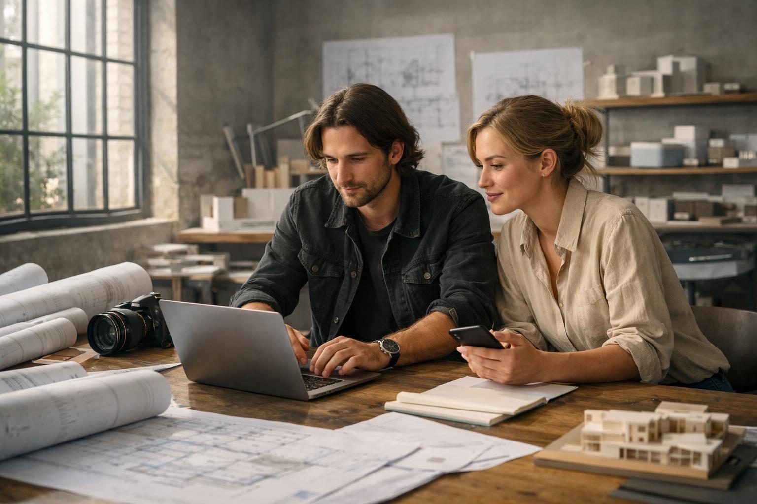 A young photographer and an assistant in an architect’s studio copy a share link on a laptop to send a project folder to a client.