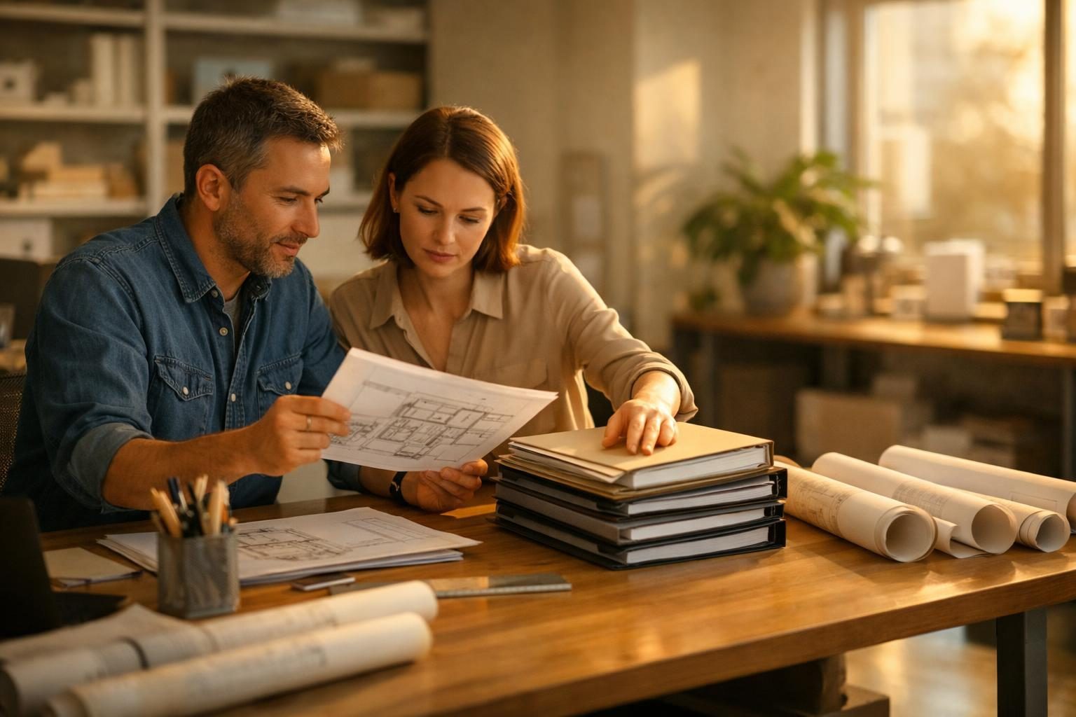 Two architects in a small open-plan creative studio organising project folders and drawings before sending a handoff link, in warm late-afternoon light.