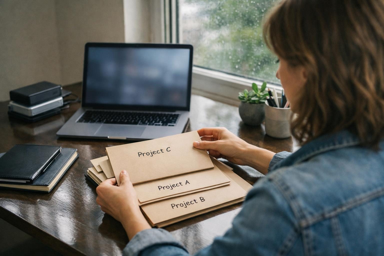 Over-the-shoulder view of a freelance designer in her thirties at a sunlit home studio desk, organising project folders for a handoff beside a window in diffused post-rain light.