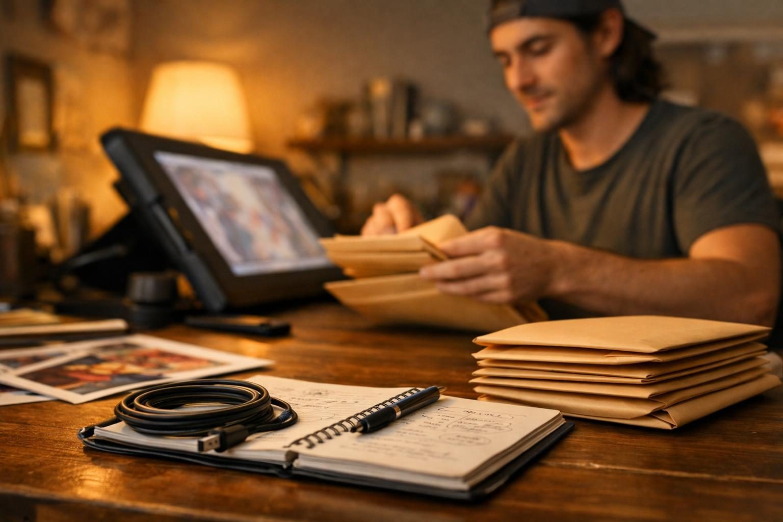 A solo illustrator at a drawing tablet on a warm-lit desk with printed proofs, organising project folders for a client handoff.