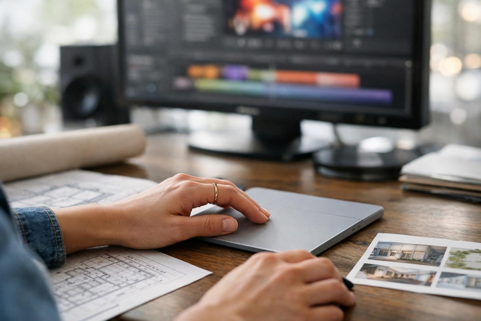 Close-up of a freelance designer’s hands on a trackpad copying a share link, with an architect’s plan set and render thumbnails on the desk in a calm studio.