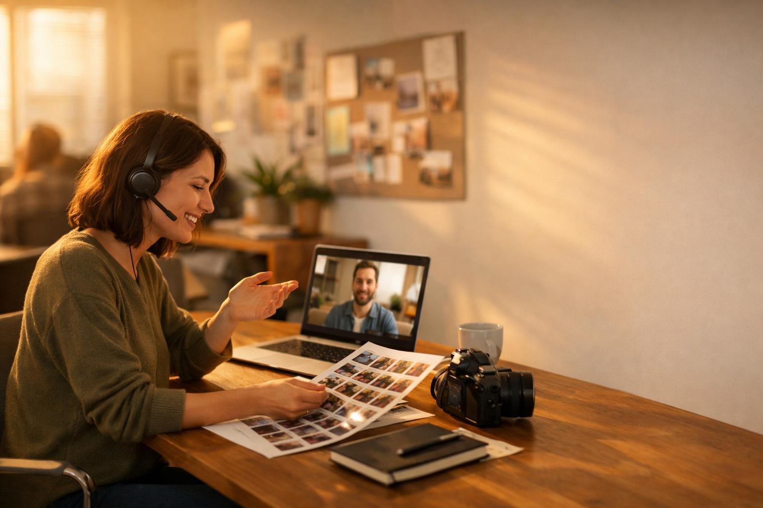 A remote worker on a video call in a small creative agency open-plan room, reviewing photo thumbnails before sending a client gallery in warm late-afternoon light.