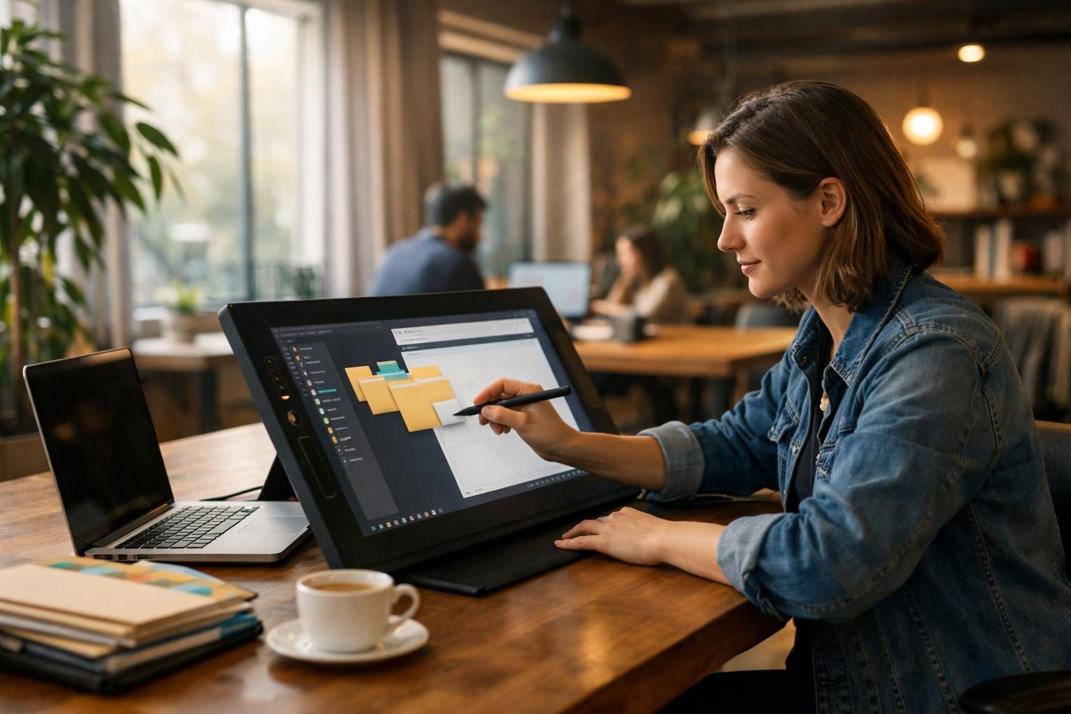 A solo illustrator in a warm, plant-filled co-working space drags a project folder into a browser to send files, lit by soft morning window light.